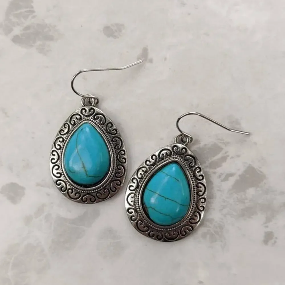 Silver tone and faux turquoise fish hook earrings